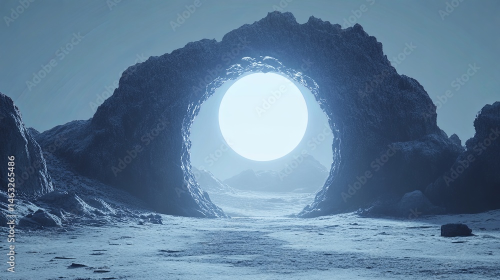 Poster surreal landscape features a glowing orb through rocky archway in an otherworldly setting during twi