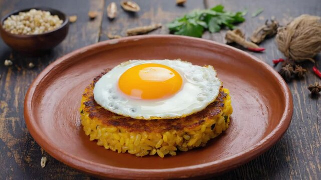 Tacu Tacu with a fried egg on top, Soft ambient light, Rustic atmosphere, Rich textures of beans and rice

