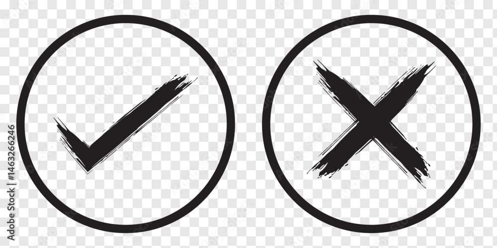 Poster brush check mark icon button set. check box icon with right and wrong buttons and yes or no checkmar