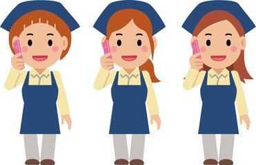 スマホで電話する紺色エプロンの若い女性。その2