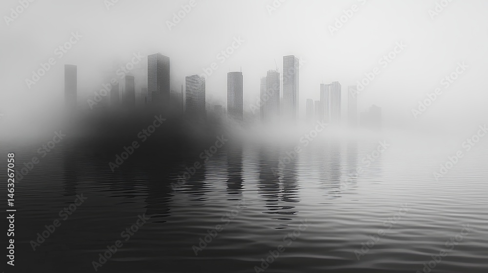 Poster misty skyline of a modern city reflected in calm waters at dawn creating an atmospheric view