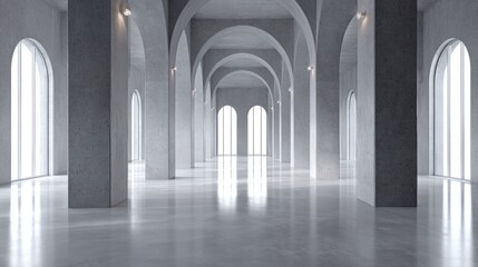 Fototapeta premium Vast minimalist concrete hall with towering columns and luminous arched windows, architectural symmetry