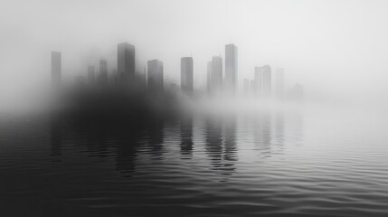 Fototapeta premium Misty skyline of a modern city reflected in calm waters at dawn creating an atmospheric view