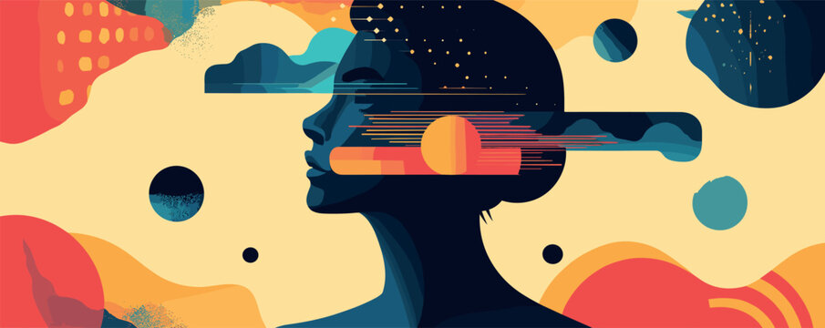 Abstract silhouette of a woman with surreal cosmic elements and geometric patterns.