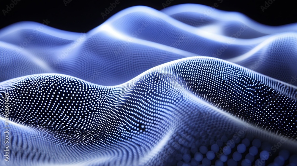 Poster visual representation of abstract digital waves in blue tones showcasing fluid movement and depth in