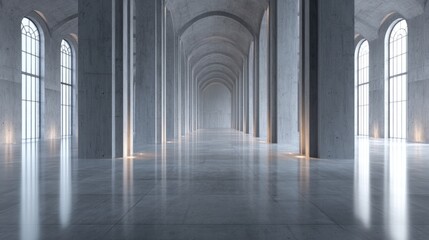 Vast minimalist concrete hall with towering columns and luminous arched windows, architectural symmetry