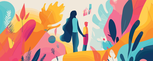 Mother and child walking in vibrant abstract nature scene with colorful leaves.