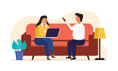 Wife and husband sitting on sofa. Woman at the laptop, man with smartphone in the living room