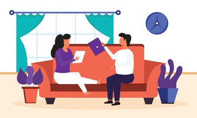 People working from home. Gadget addiction, woman and man with tablets work sitting on sofa in living room