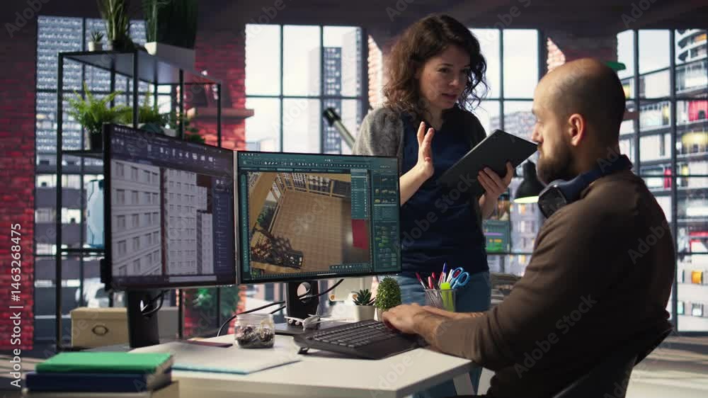 Aufkleber architectural design team configures a floor plan on dual monitors, utilizing computer aided design 