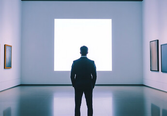 Obraz premium Solitary figure contemplates a bright artistic void in modern gallery space