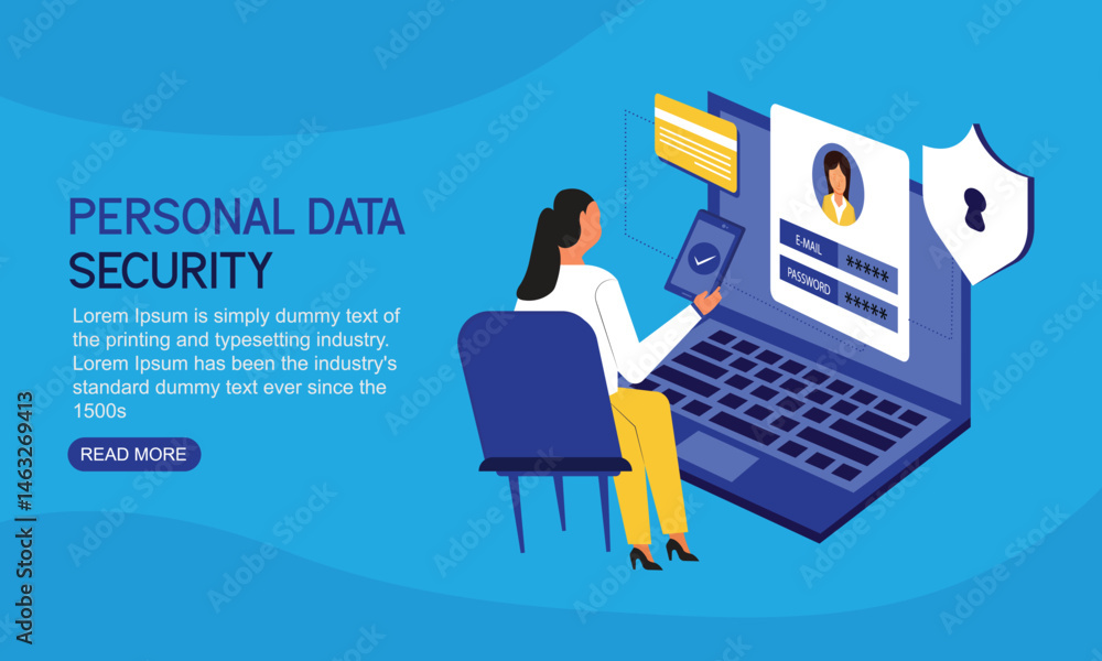 Poster woman using two steps verification to protect personal data security concept