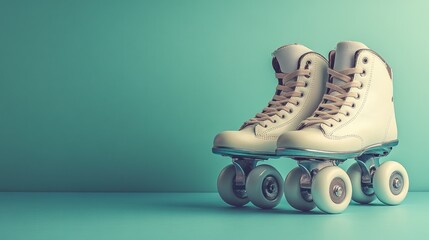 Vintage roller skates, cream-colored,  against mint background