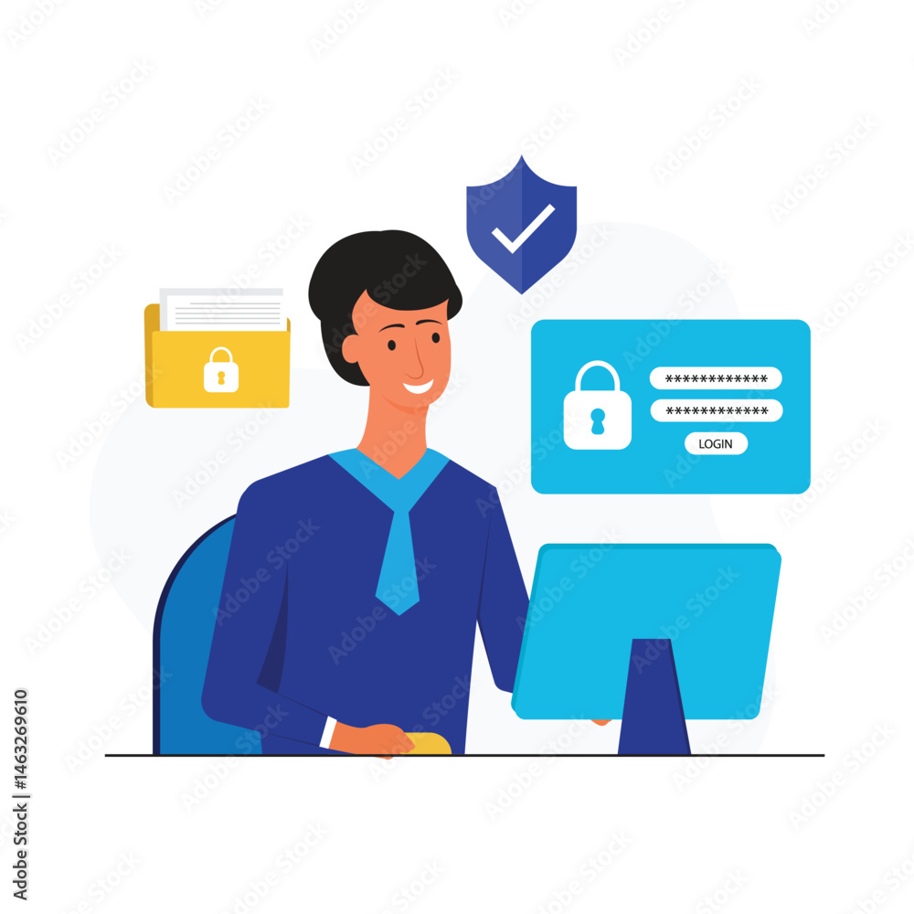 Poster young man secure personal data using password protection, cyber security, network data security