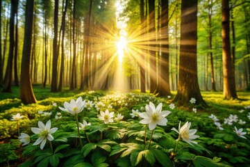 Fototapeta premium Serene Forest Flowers: Sunlight Dappled Blooms, Spring Photography, Nature Images, Floral Backgrounds