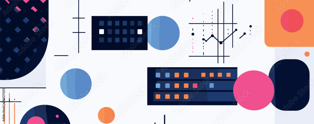 Poster abstract geometric patterns with bold colors and shapes in modern design.