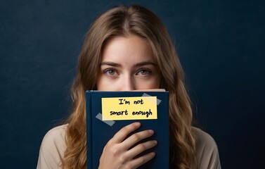 Woman with stick note on book written I AM NOT SMART ENOUGH - concept of Self-doubt or lack of confidence - feeling insecurity -  Negative self talk focus on self limitations