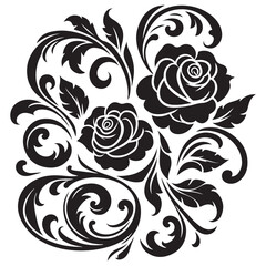 Black Rose Floral Vector Design with Ornamental Swirls and Leaves – Elegant Decorative Flower Illustration for Tattoos, Invitations, and Digital Art