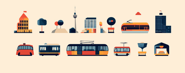 Colorful minimalist illustration of urban tram and cityscape elements with modern buildings.