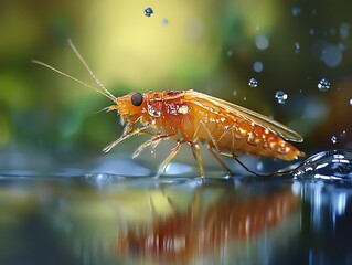 Orange insect on water surface with splashes