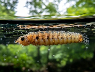 A split-level macro photograph capturing an aquatic insect larva swimming at the water's surface, revealing a glimpse into its underwater world