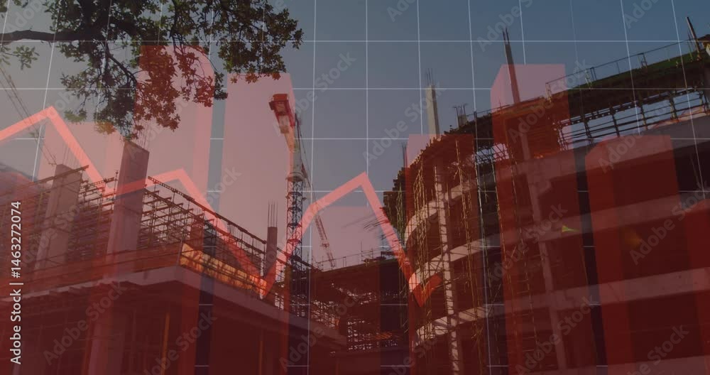 Poster Scaffolding being animated in flat design showing crane rising with red bar chart and grid overlay