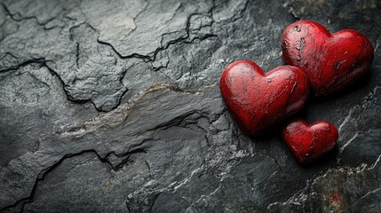 Red hearts on dark stone
