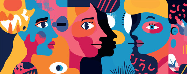 Colorful abstract art with geometric human faces and vibrant patterns.