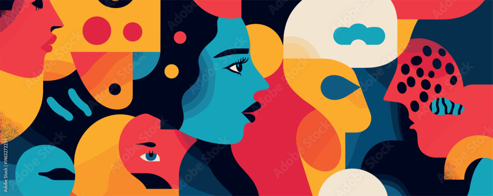 Poster abstract colorful faces in modern geometric art with bold patterns and shapes.