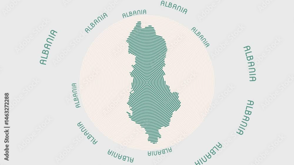 Poster albania shape with dynamic circles visual effect. animation of albania logo appearing from rotating 