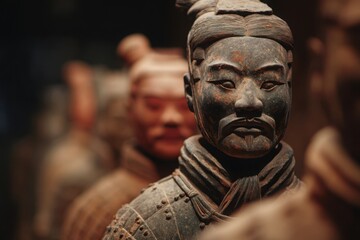 Terracotta Army Warrior Statue Close-Up: Ancient Chinese Sculpture in Soft Brown Tones