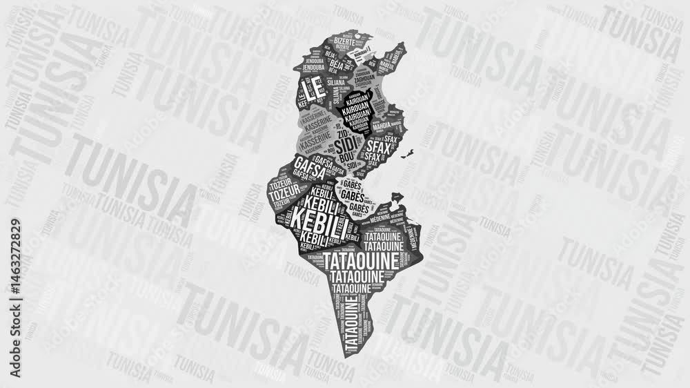 Poster tunisia animation. visual effect of tunisia regions appearing in black and white word clouds style. 