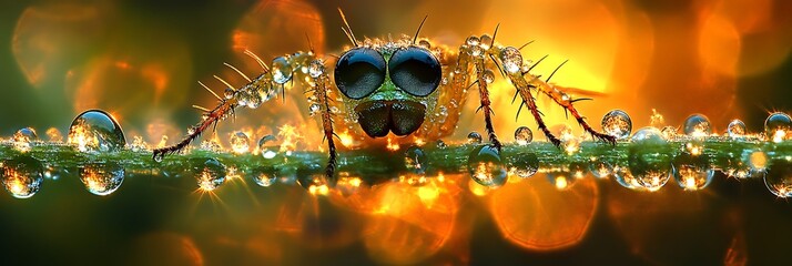 Dew-kissed insect on a blade of grass