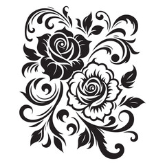 Black Rose Floral Vector Design with Ornamental Swirls and Leaves – Elegant Decorative Flower Illustration for Tattoos, Invitations, and Digital Art