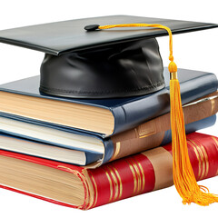 Black graduation cap rests atop a stack of books with red, blue, and beige covers against a transparent background. The books appear aged and well