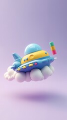 A 3D illustration of a blue and yellow spaceship flying through the air.