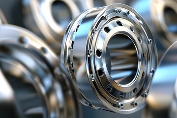 Close up view of a shiny chrome wheel from a truck or heavy machinery vehicle