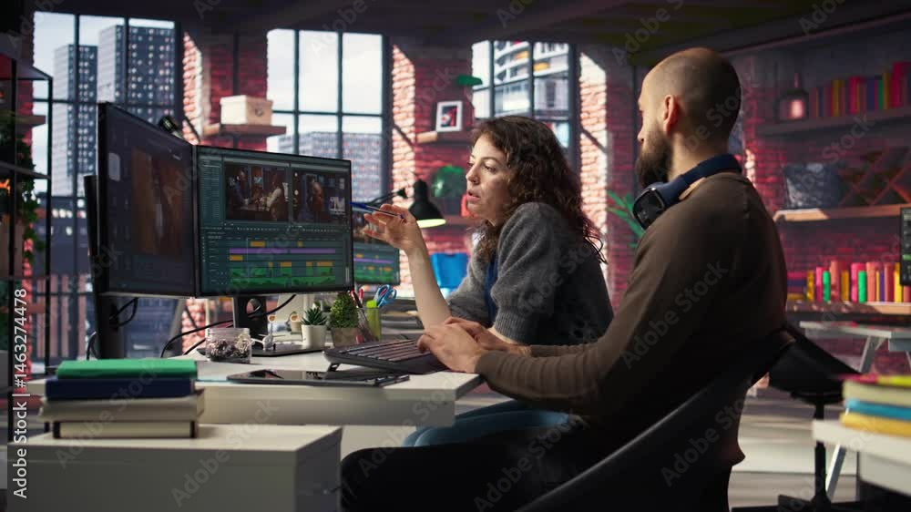 Poster creative couple working together on video editing software for movie making, using ai powered models