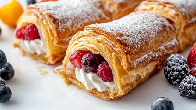 Flakey puff pastry horn filled with cream and mixed berry