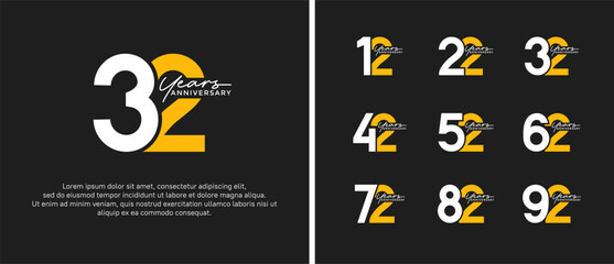 set of anniversary logo flat white and yellow color on black background for celebration moment
