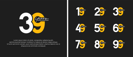 set of anniversary logo flat white and yellow color on black background for celebration moment
