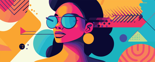 Vibrant abstract portrait of stylish woman in sunglasses with geometric patterns.