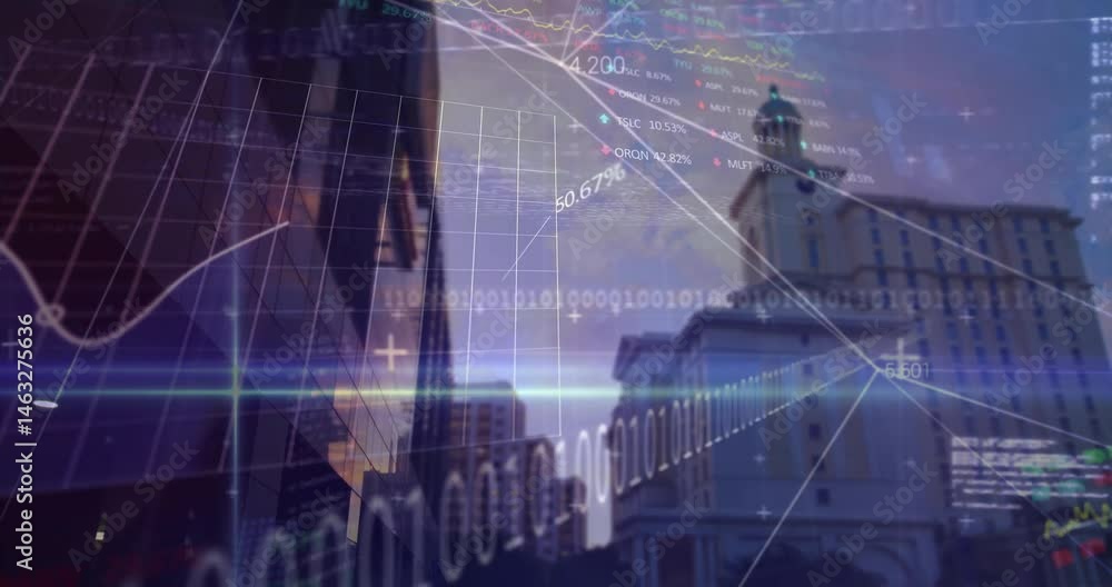 Poster urban skyline being overlaid with line graphs gridlines binary code and stock tickers in flat style