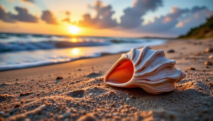 Sunrise shell on sandy beach coastal scene nature photography serene environment close-up perspective