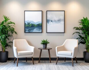 Fototapeta premium Modern Minimalist Living Room with Armchairs and Artwork in a Tranquil Color Palette