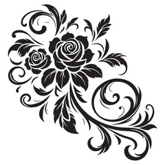 Black Rose Floral Vector Design with Ornamental Swirls and Leaves – Elegant Decorative Flower Illustration for Tattoos, Invitations, and Digital Art