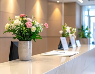 Elegant Flower Arrangement at Modern Reception Area with Soft Natural Lighting and Warm Decor