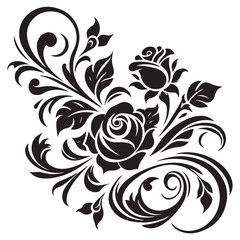 Black Rose Floral Vector Design with Ornamental Swirls and Leaves – Elegant Decorative Flower Illustration for Tattoos, Invitations, and Digital Art