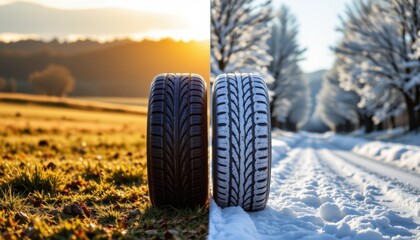 Seasonal tire comparison countryside and winter road photo outdoor side-by-side performance and safety