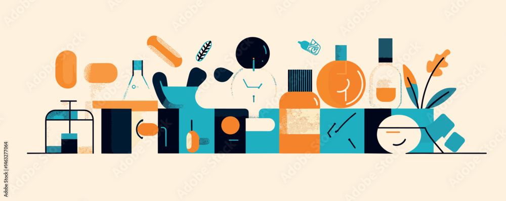 Poster modern abstract art of everyday objects in vibrant colors with minimalist design.